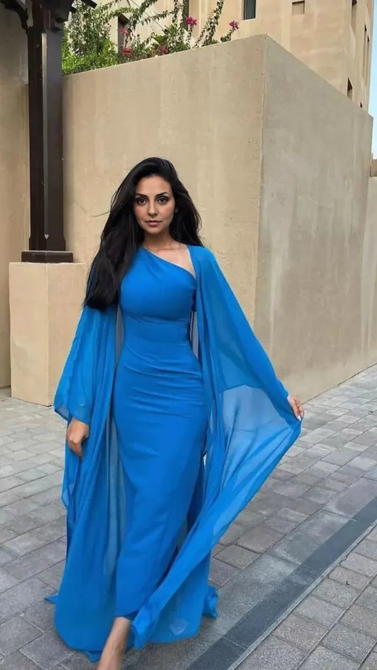 Vintage Long Blue Chiffon Evening Dress Sheath Mermaid Floor Length Prom Dress